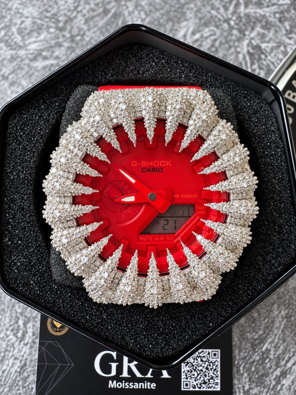 G-SHOCK GA-2100 Red Moissanite Watch – Iced Out Bezel – GRA Certificate